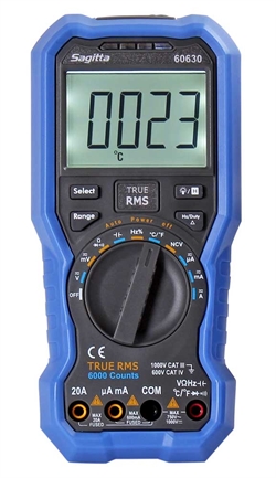 Multimeter, digital med spændingsdetektor, termometer og LED-belysning.